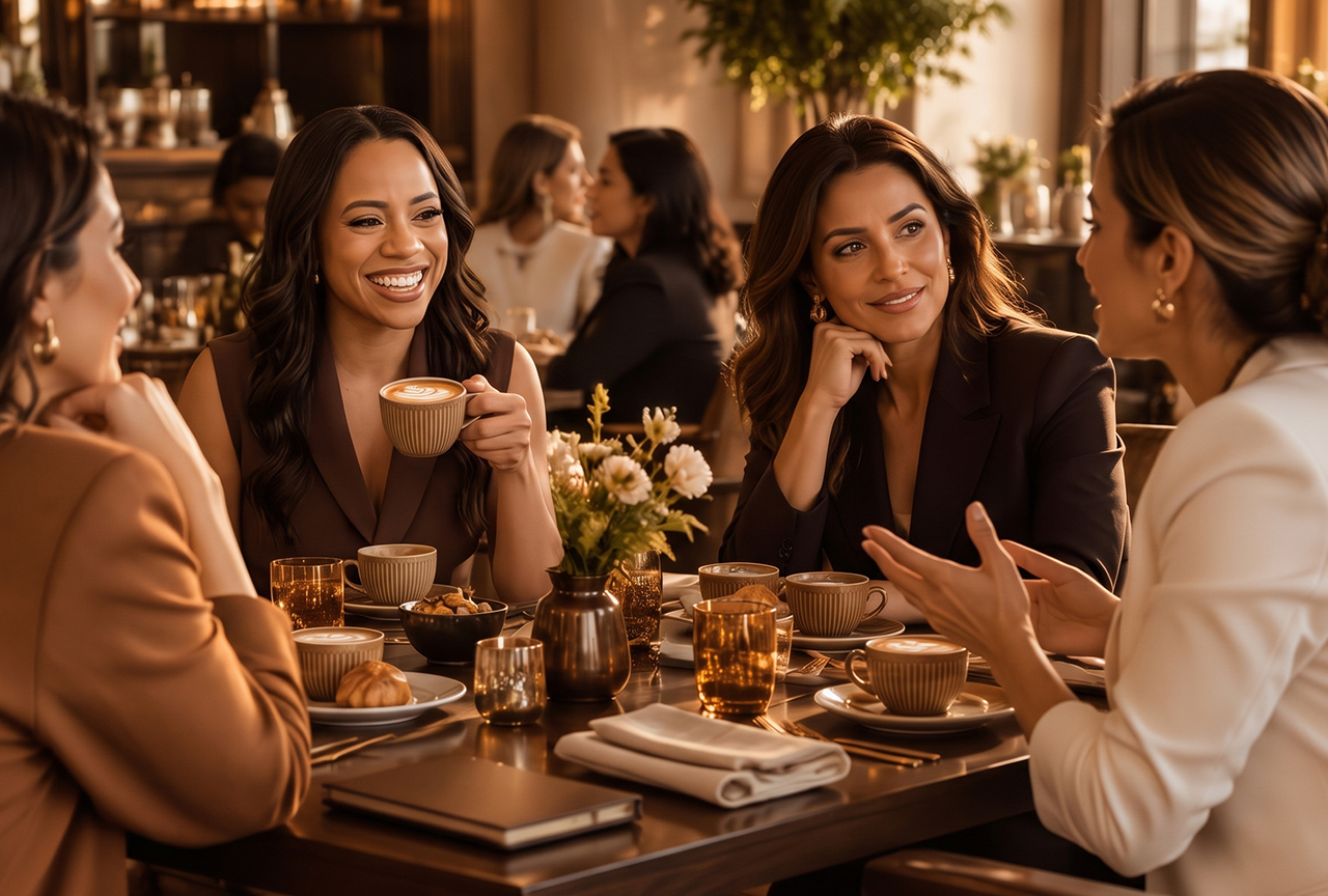 Encontro presencial intimista de mulheres no evento Conexões à Mesa com café e networking